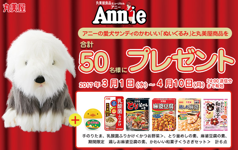 丸美屋 アニーの愛犬サンディのぬいぐるみと丸美屋商品プレゼント